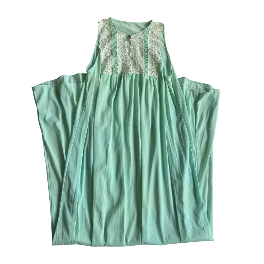 Vtg Mint Green Nylon Nightgown Maxi Dress White Lace Trim Coquette Cottagecore